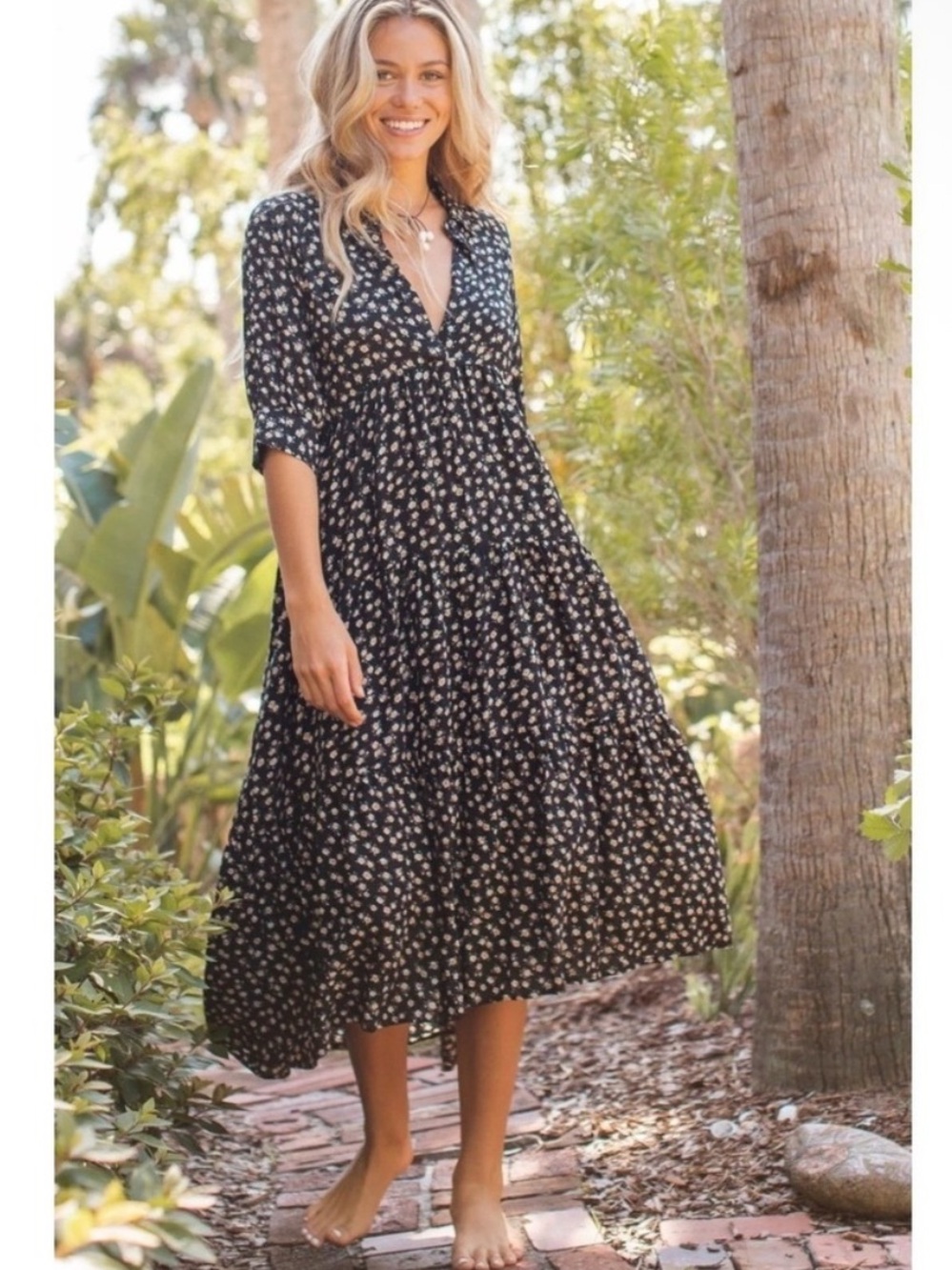 NEW Natural Life Rebecca Midi Dress in Black Cream Roses Boho Tiered Floral